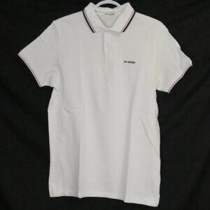 BEN SHERMAN | medium | White Polo Shirt | Black & Burgundy Striped Collar & Cuff